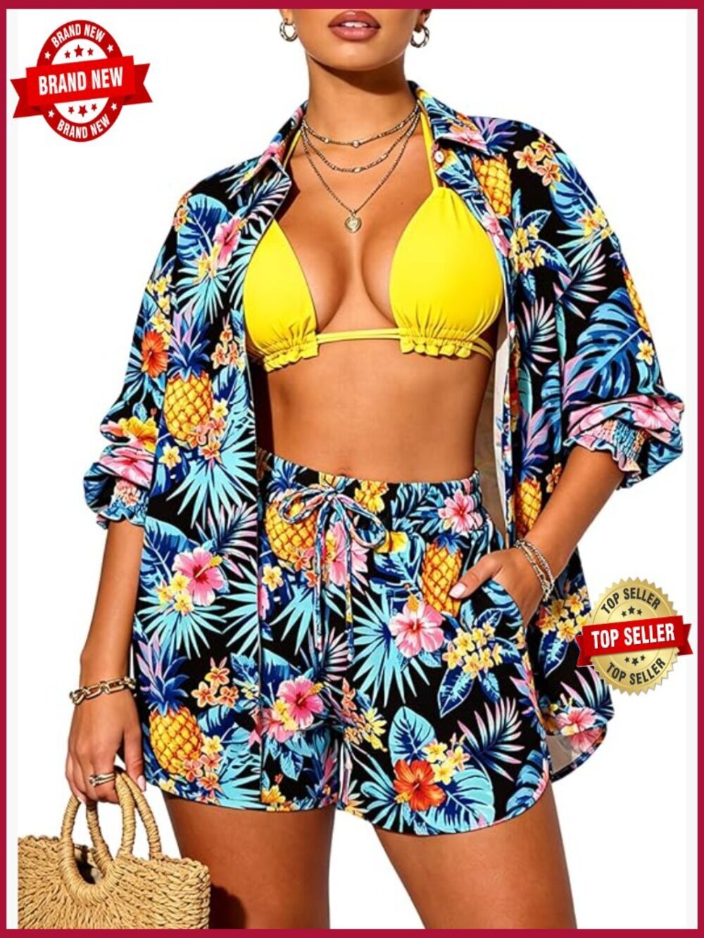 3-Piece Swimsuits for Women Hawaiian Bikini & Short Set Summer Beach Cover Up